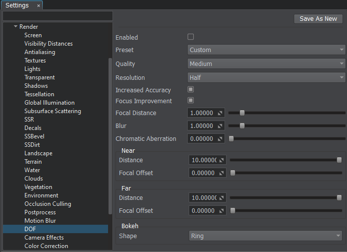 DOF custom settings